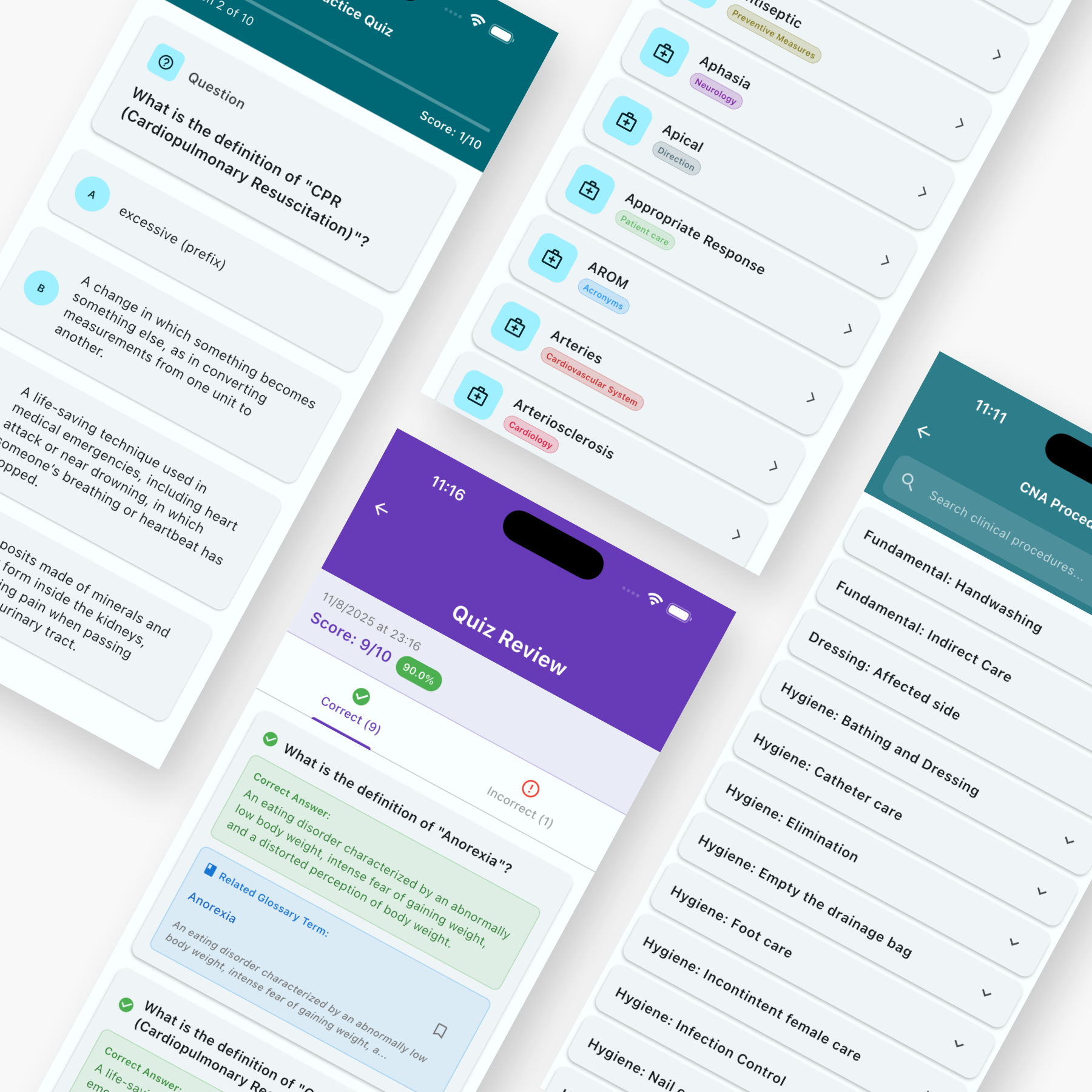 Screenshots of the app interfaces showing practice tests, glossary, procedures, and core values sections.